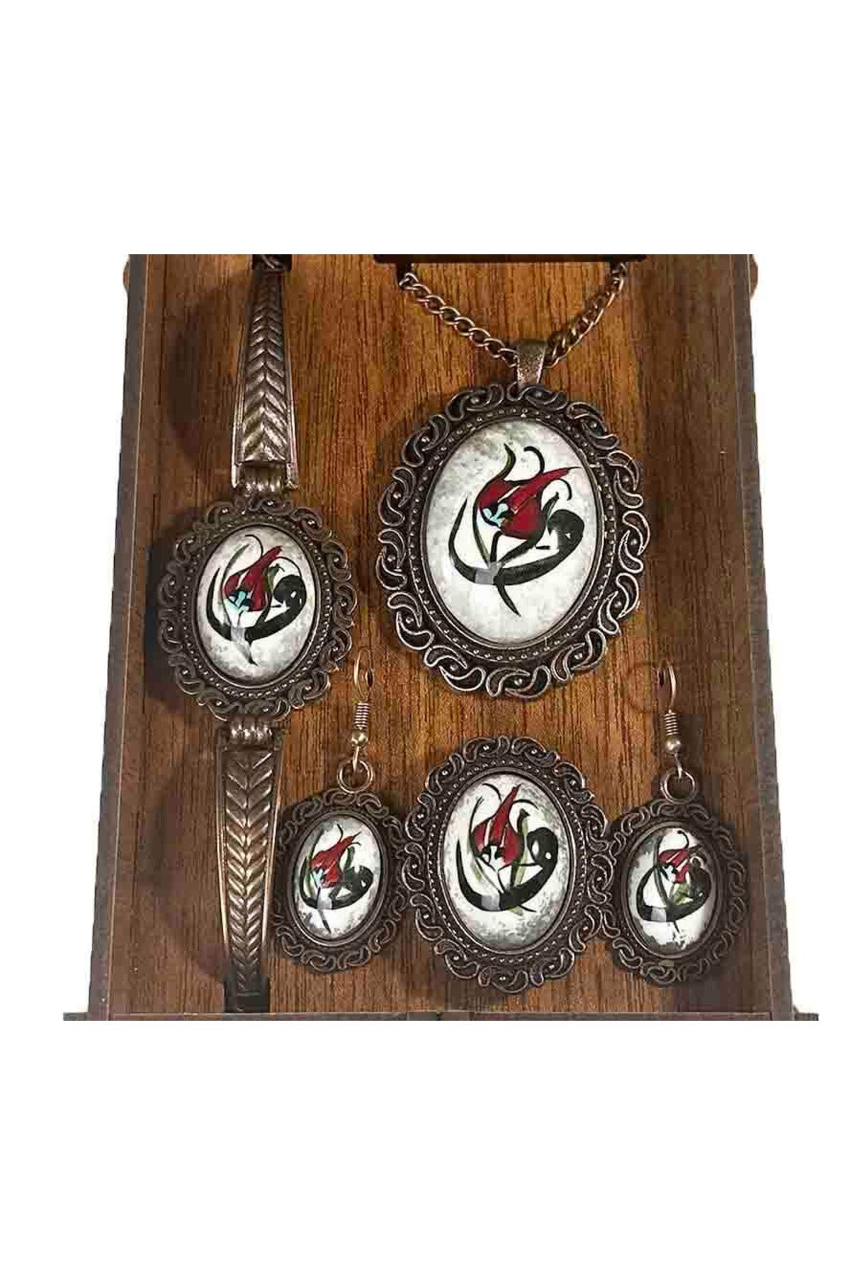 Cini Evi Sevgiliye Gift Vav and Tulip Patterned Iznik Tile Jewelry Set - MALLTURK