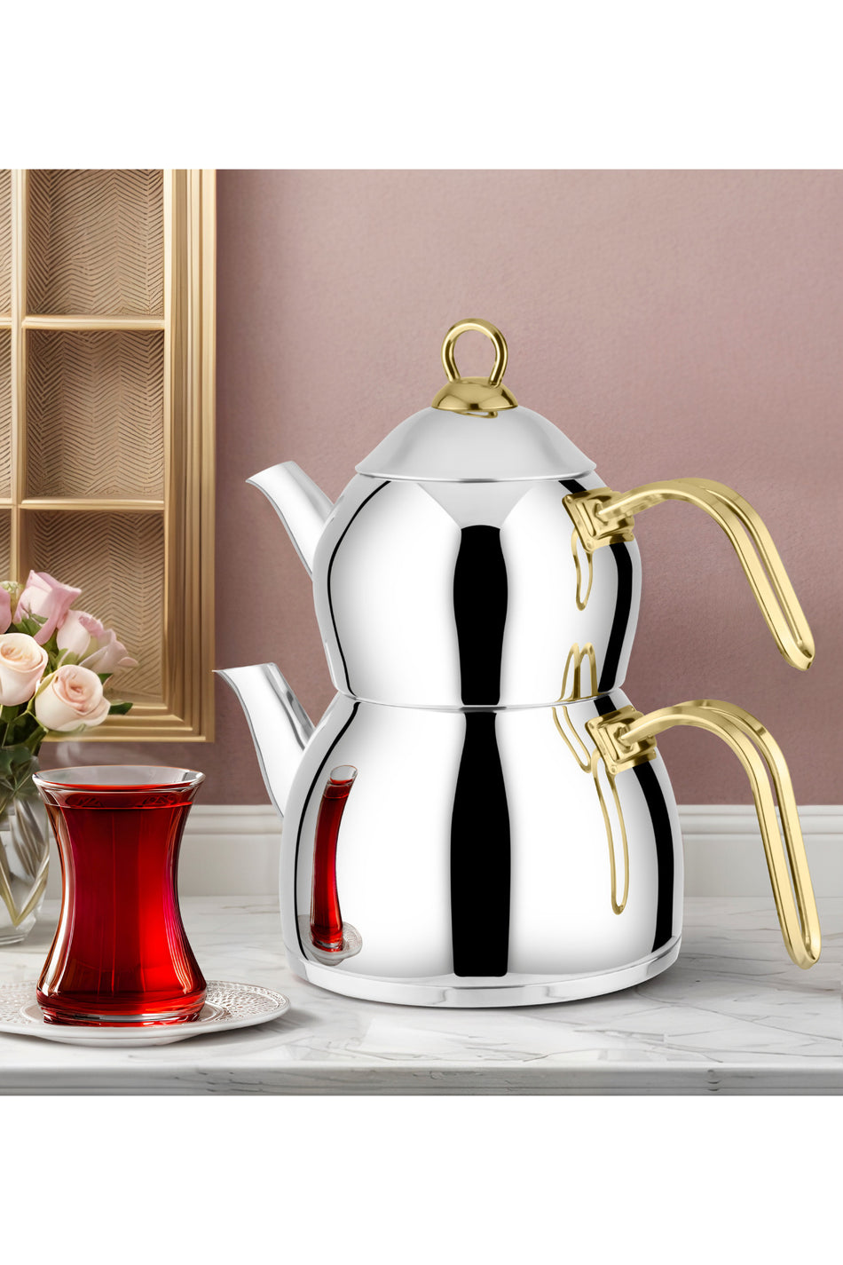 Lines Aycan Stainless Steel Teapot - Medium Size Teapot: 1.10lt Water Jug: 2.00lt Gold - MALLTURK