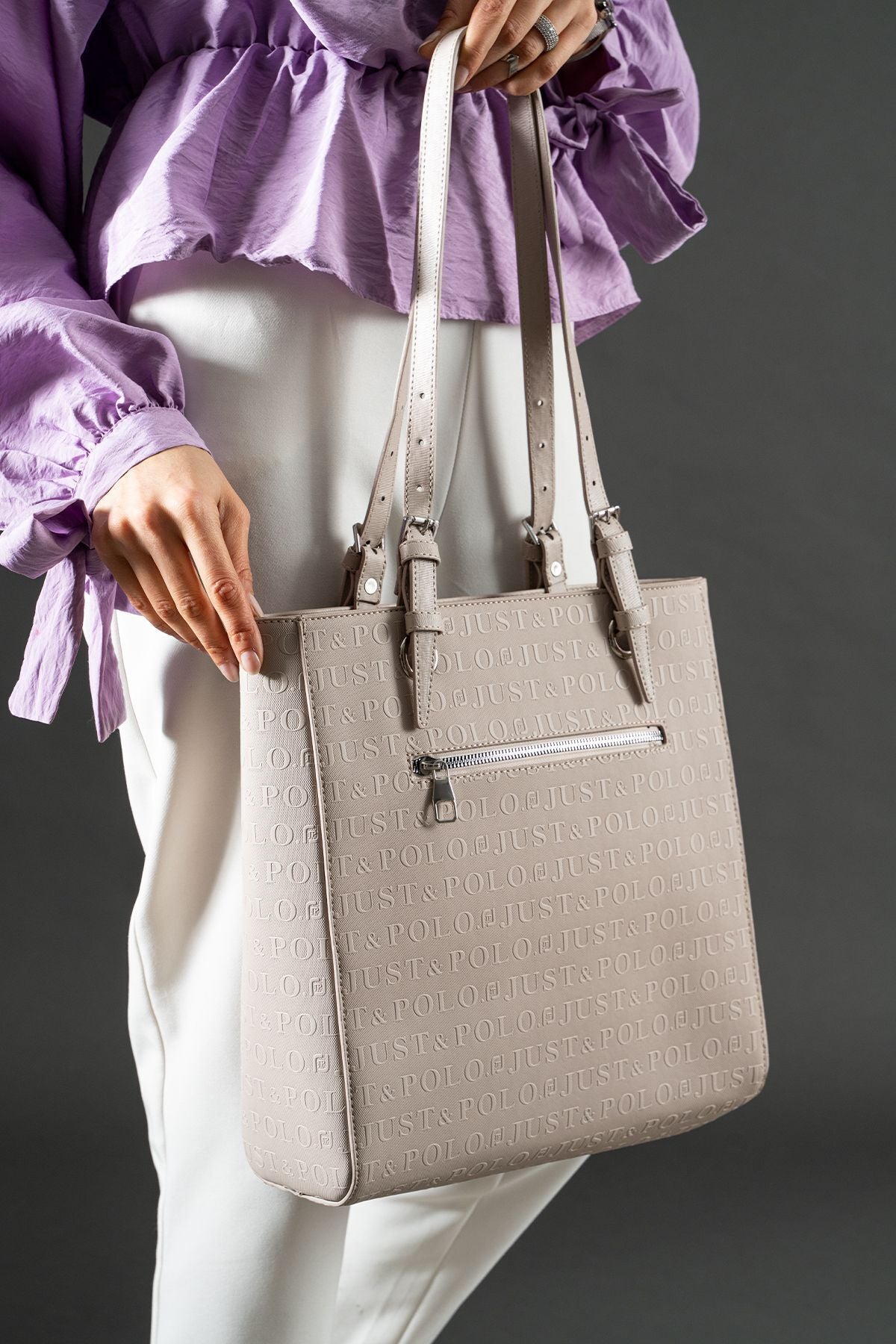 Just Polo Women's Embossed Print Oversized Shoulder Bag Gray JPM4067 - MALLTURK