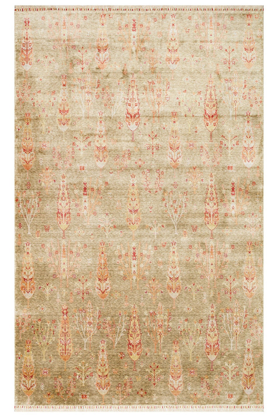 Vog Hali Efsun Handmade Tree of Life Pattern Light Green Lyocell Special Loom Usak Design Fringed Living Room Carpet - MALLTURK