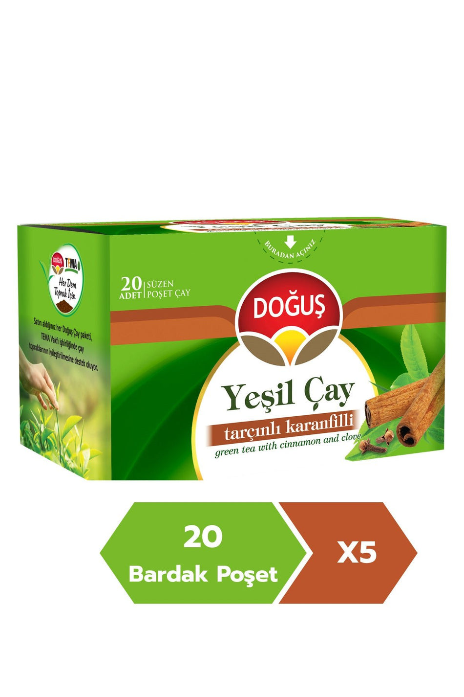 Dogus Green Tea with Cinnamon and Cloves, 20 Filter Bags (30 gr), 5 Packs - MALLTURK
