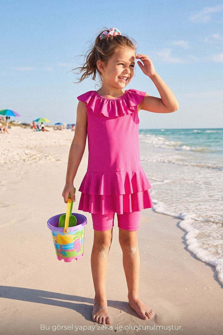 Fuchsia 3-Piece Girls' Swimsuit Set with Detailed Skirt and Collar 7005