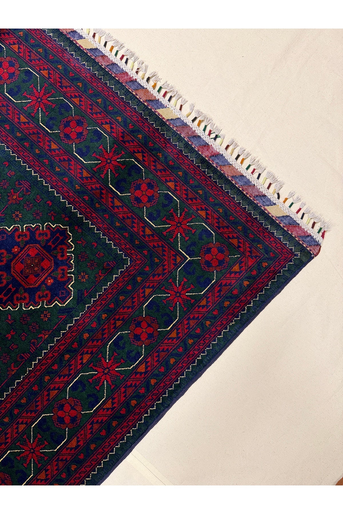 Afghan Rug Hand-Woven Green Nadir Color 6 Meter Bilijik Design 100% Wool Natural Dye