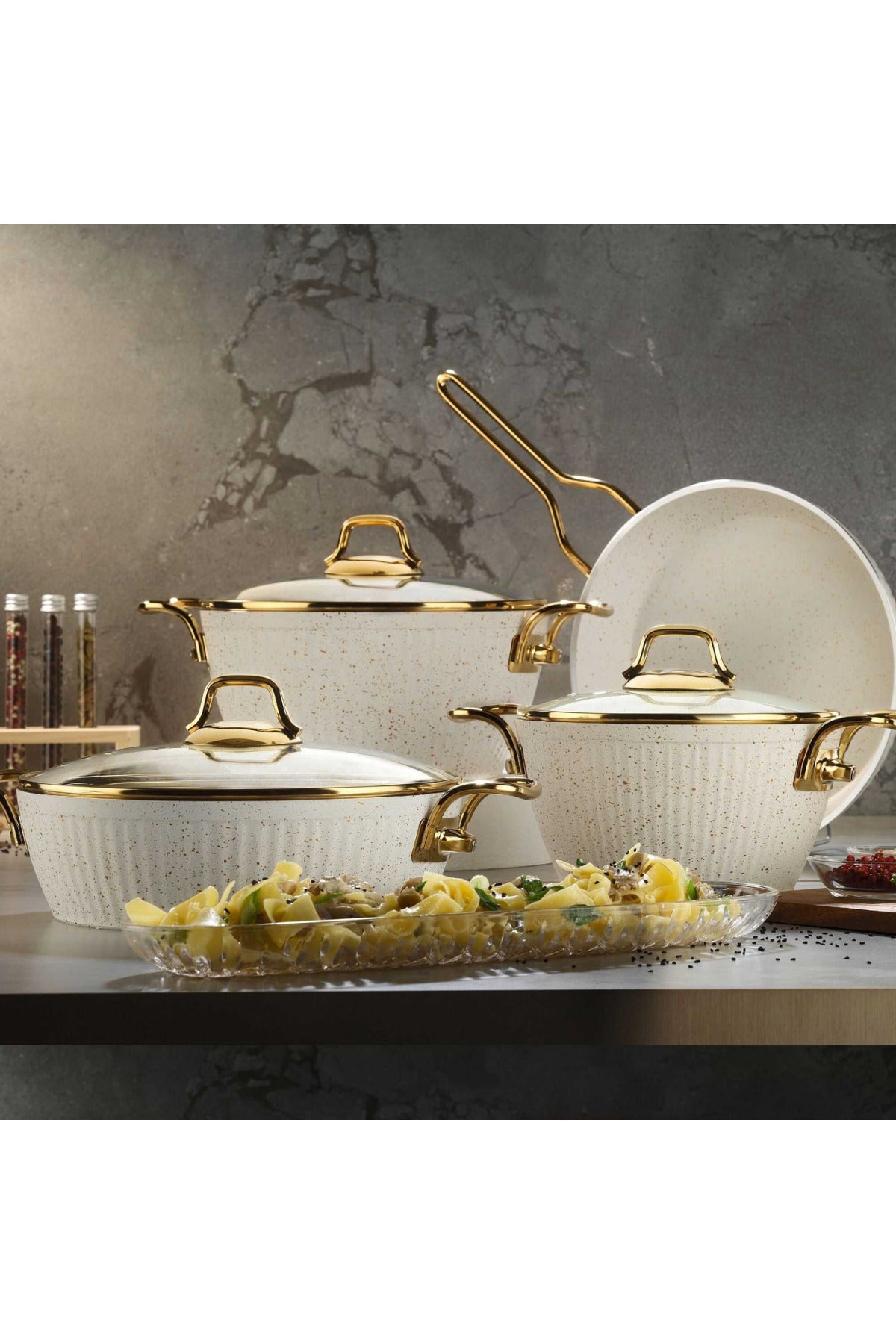 Lines Maya 7 Piece Granite Cookware Set Altin Kulp Nonstick Kaplama Cookware Set Modern Tasarim - MALLTURK
