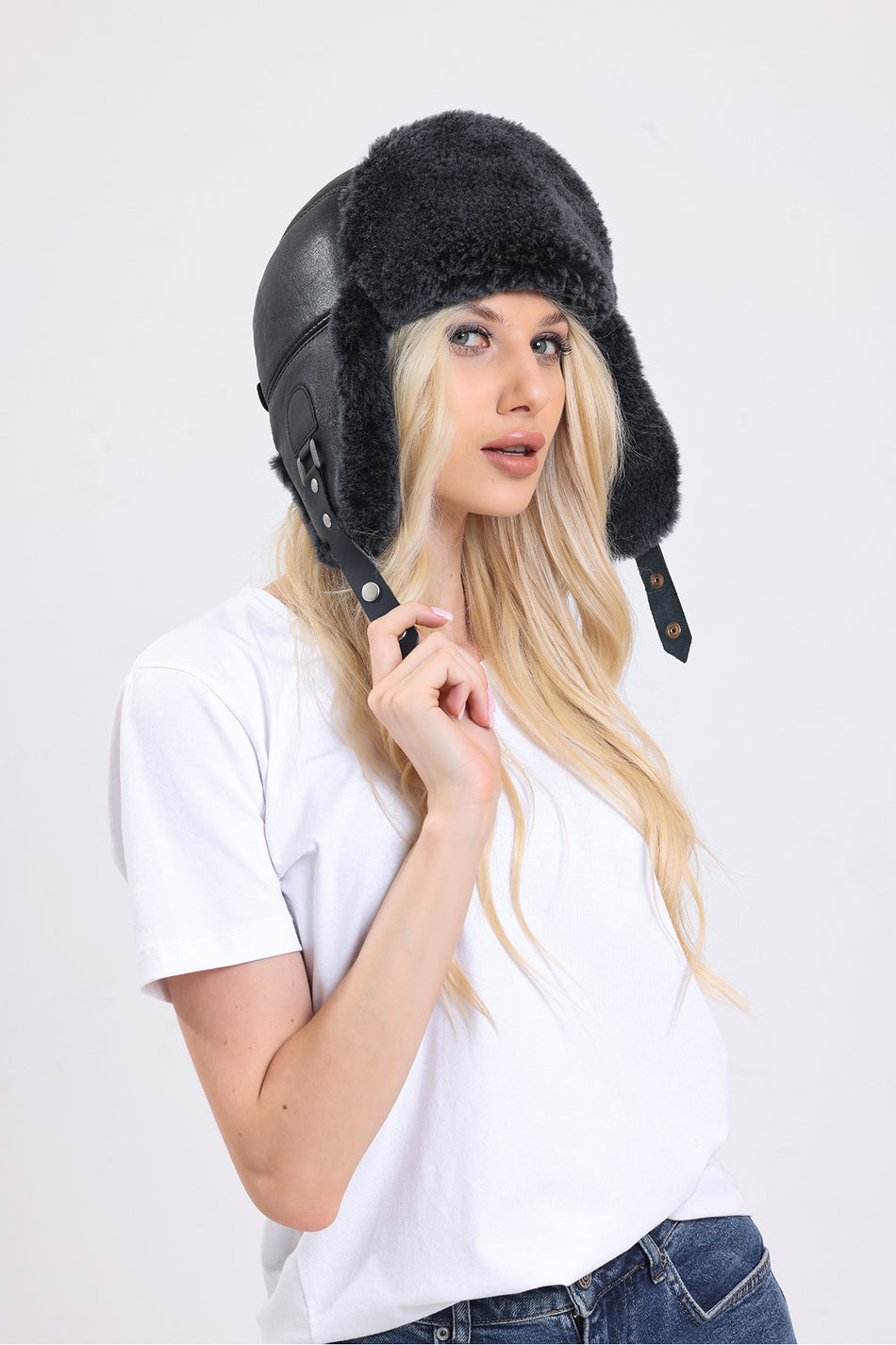 Fubileather Genuine Leather Unisex Grey Fur-Lined Buckled Pilot Leather Hat