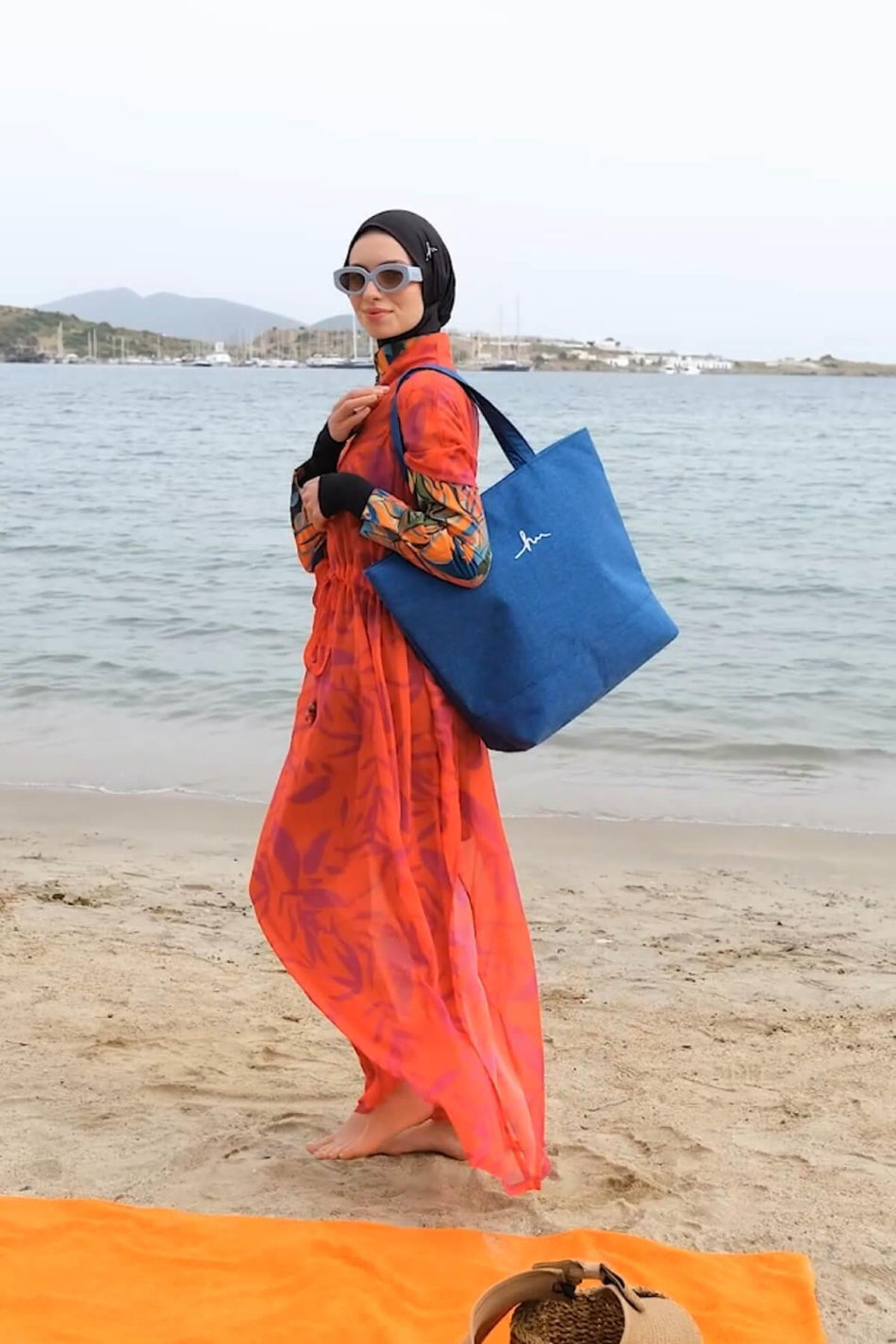 Hasema Signature Embroidered Zippered Linen Beach Bag Blue - MALLTURK