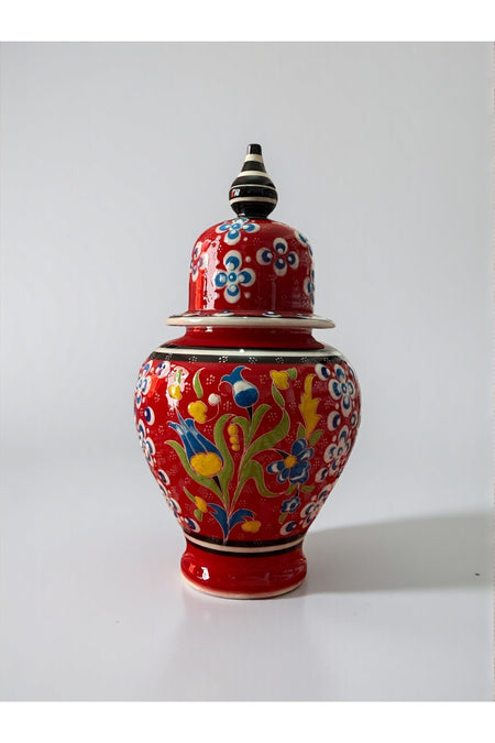 YOOS Handmade Red Wheelwork 25cm Kutahya Ceramic Shah Cube Ceramic Vase Navy Blue - MALLTURK