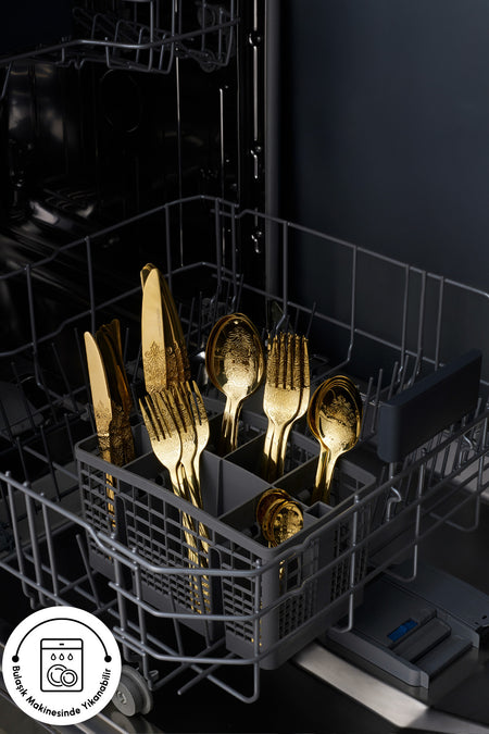Karaca elegance bellatrix 84 Piece 12 Place Setting Flatware Set gold - MALLTURK