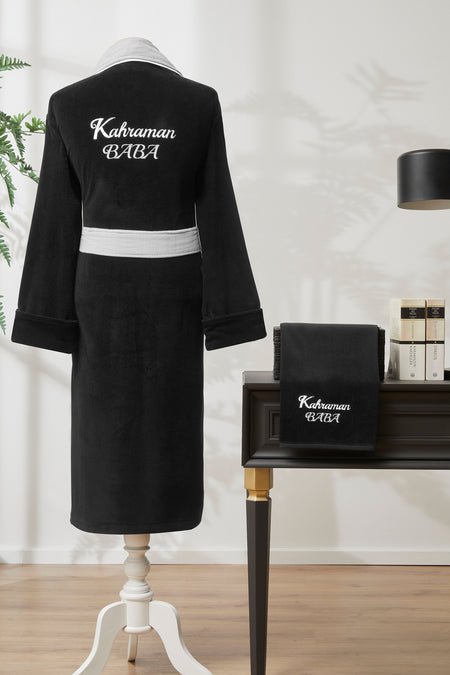 Ozdilek Hero Dad Embroidered Velvet Men Bathrobe Set - MALLTURK