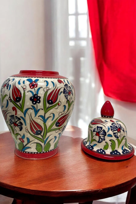STORESZA 30cm Handmade Kutahya Ceramic Shah Cube Vase - Red - MALLTURK