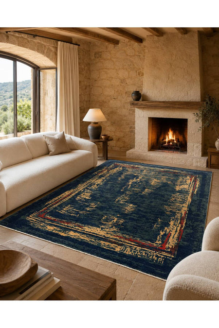 Vog Rug Modern Soyut Hand-Woven Navy Petrol Beige Distressed Pattern Bordurlu Decorative Living Room Rug