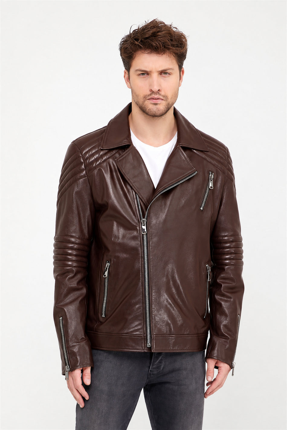 Casaco de cabedal cor de café Rider Leather Club