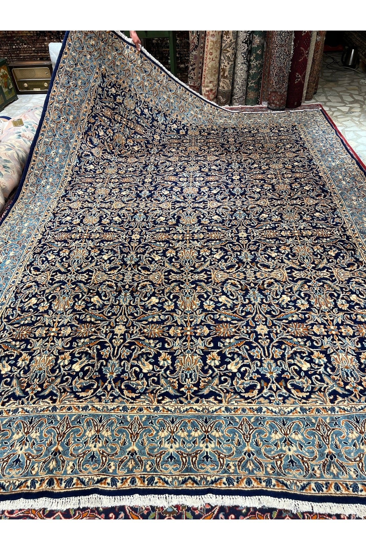RD RAMAZAN DAG Hand Rug Art Hand-Woven Iranian Kirman Laver Rug Premium Quality Navy Color Size 355x267 - MALLTURK