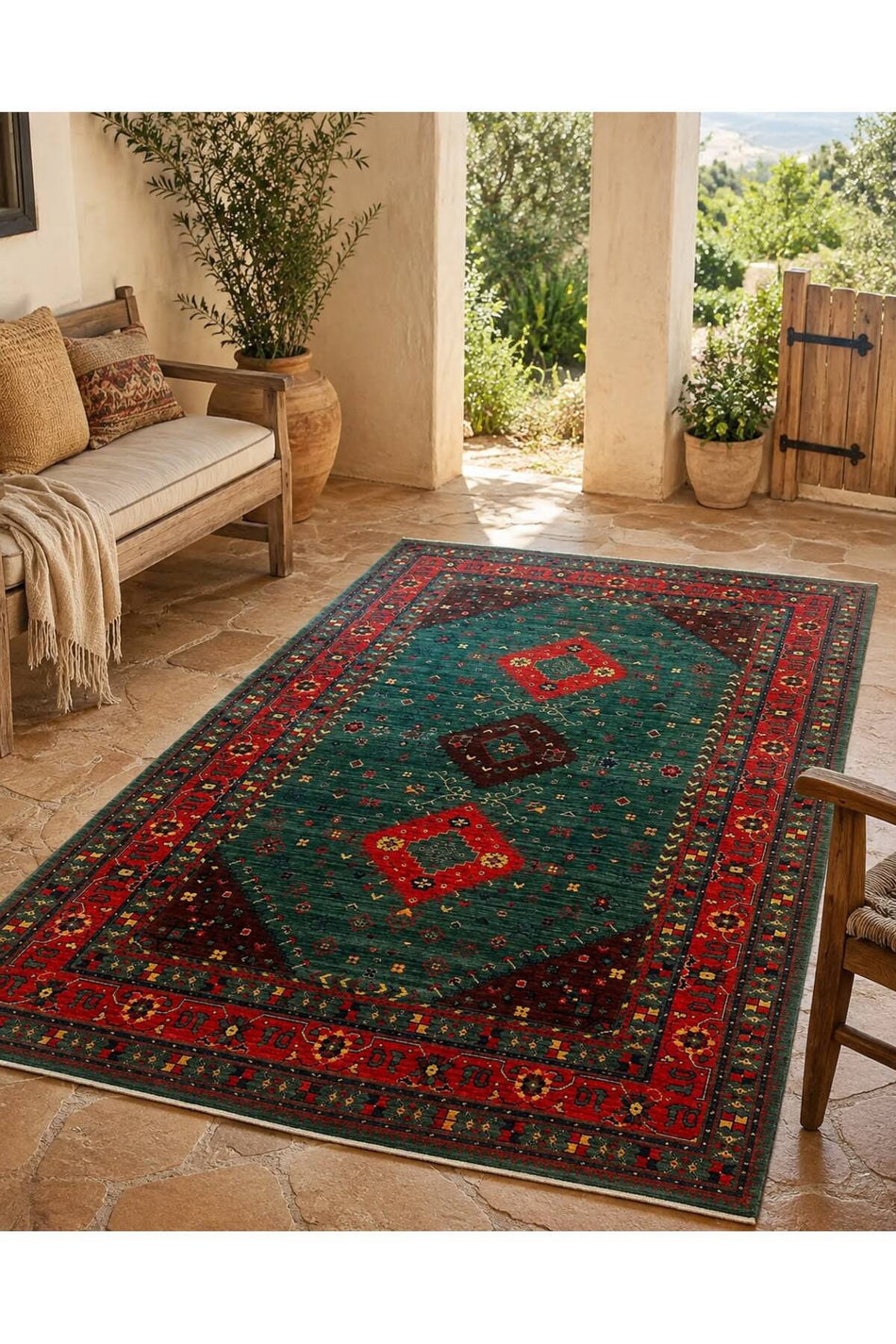 Vog Rug Traditional Madalyon Pattern Hand-Woven Green Ethnic Geometric Pattern Vintage Decorative Living Room Rug - MALLTURK