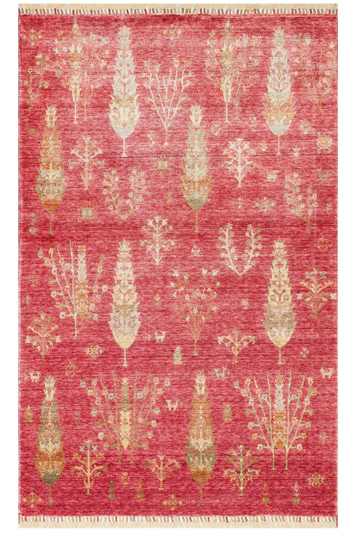 Vog Hali Efsun Handmade Tree of Life Pattern Red Lyocell Special Loom Usak Design Fringed Living Room Carpet - MALLTURK