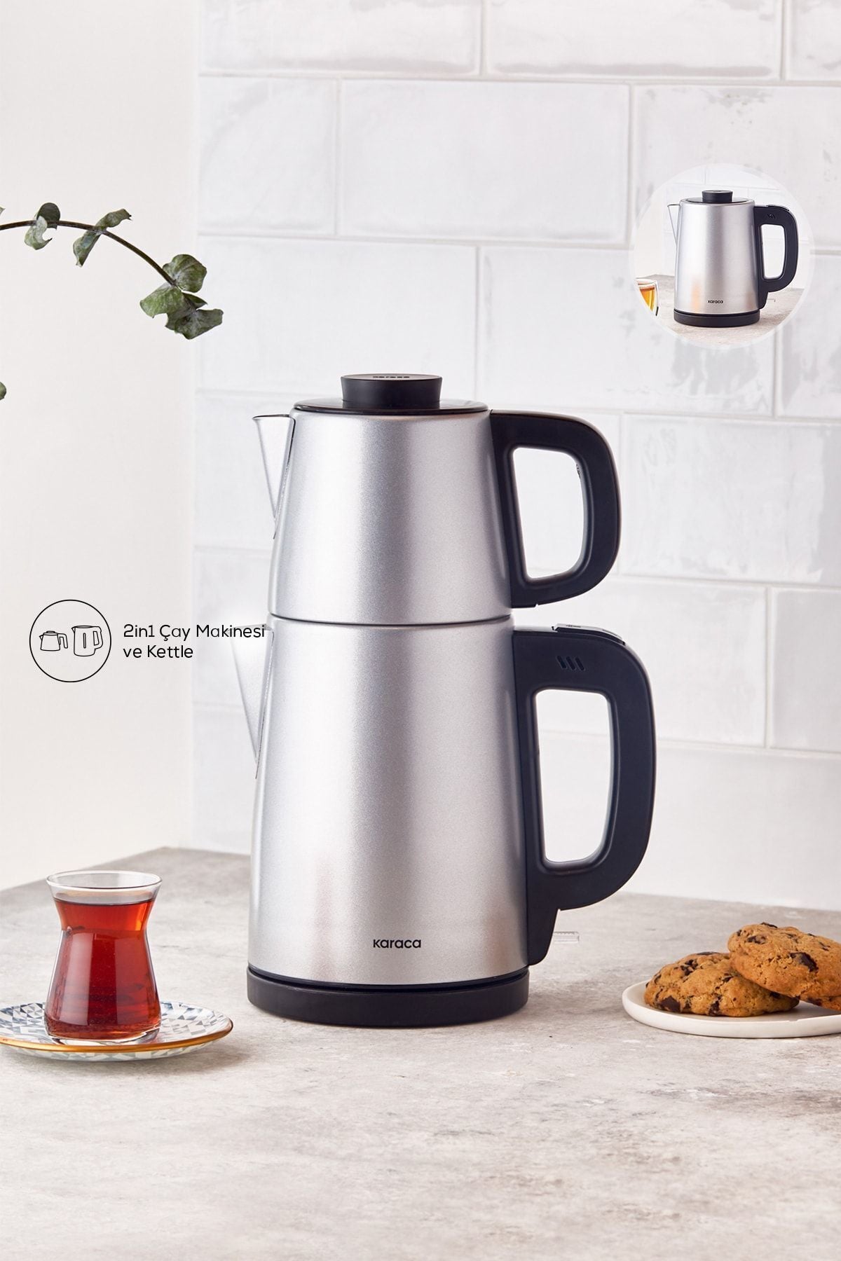 Karaca Tea Break Silver Stainless Steel Water Kettle & Tea Maker - MALLTURK