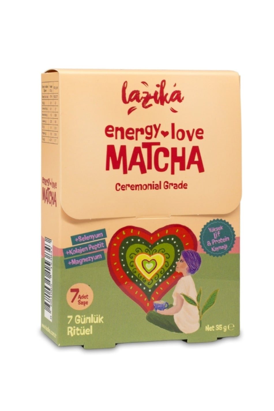 LAZIKA Love Matcha, 7 саше (35 г) — церемониальная матча, пептиды коллагена, свёкла и гибискус, натуральный клубнично-шоколадный вкус