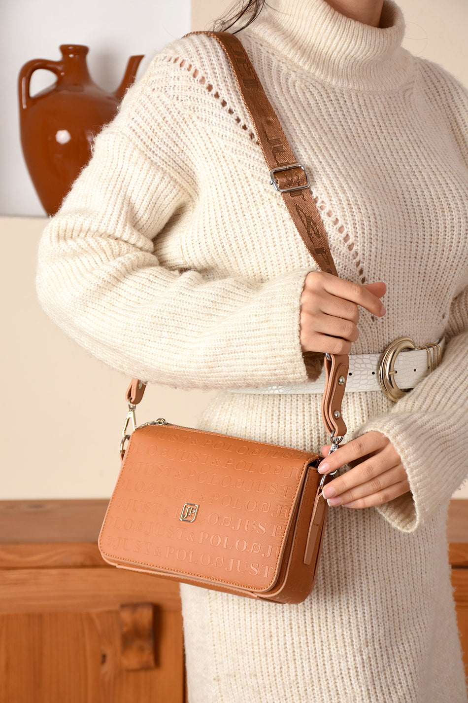 Just Polo Women's Embossed Print 5-Compartment Zipper Closure Shoulder Bag 4036-00 Tan - MALLTURK