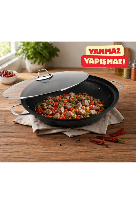 Lines Cam with Lid Granite Cast Kavurma Tenceresi Nonstick Yuzey, Derin Genis Hacim, Esit Isi Dagilimi, Dayanikli & Uzun Omurlu