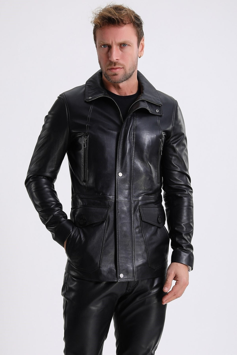 Cappotto Montaigne in pelle nera Leather Club