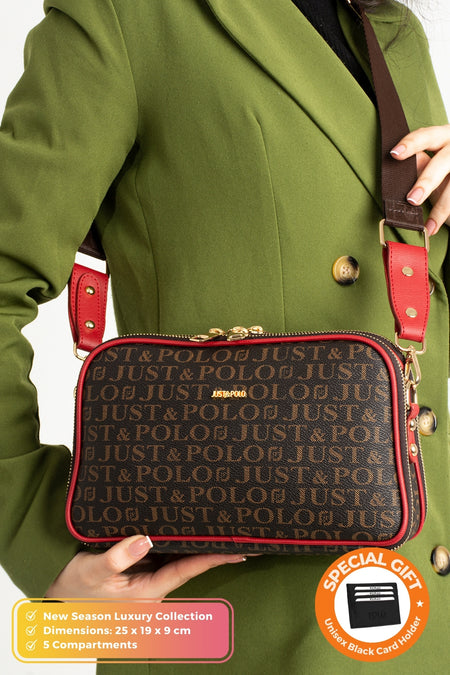 Just Polo Original Women's New Season 5-Compartment Luxury Soft Leather Adjustable Crossbody Shoulder Bag Color Red - MALLTURK