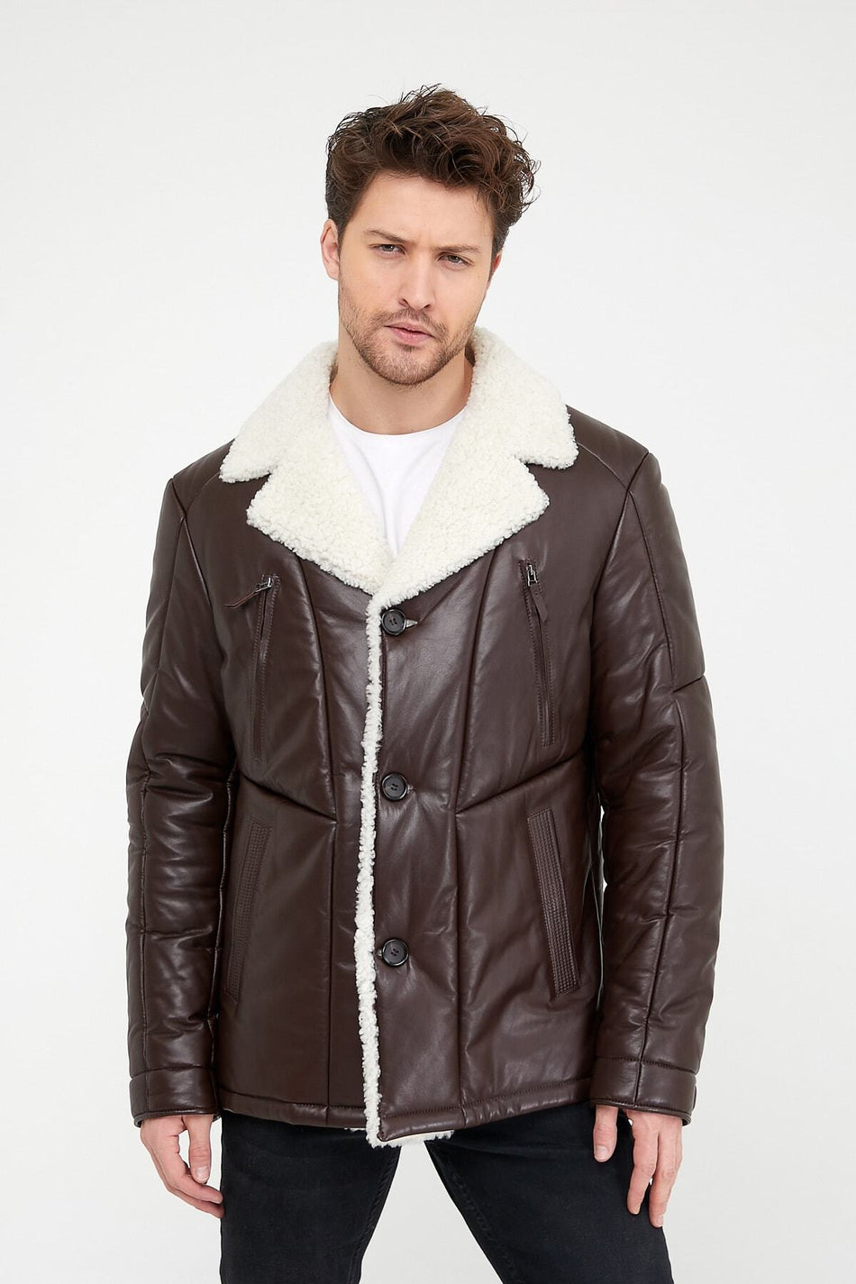 Manteau en fourrure de mouton café à double boutonnage Leather Club