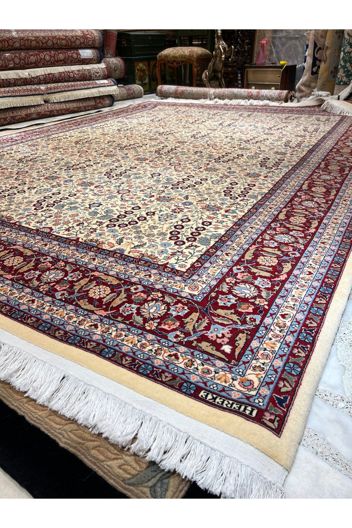 RD RAMAZAN DAG Hand Rug Art Hand-Woven Hereke Rug Signed Seven Mountains Flower Premium Quality Size 336x252 - MALLTURK