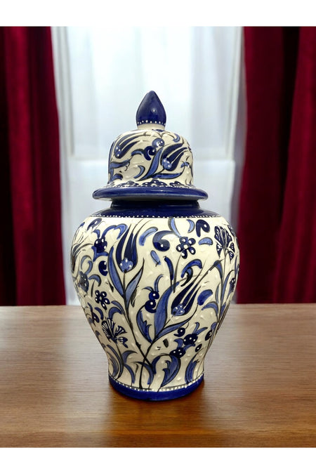 STORESZA Handmade Kutahya Ceramic Shah Cube Vase - 30cm Blue Patterned - MALLTURK