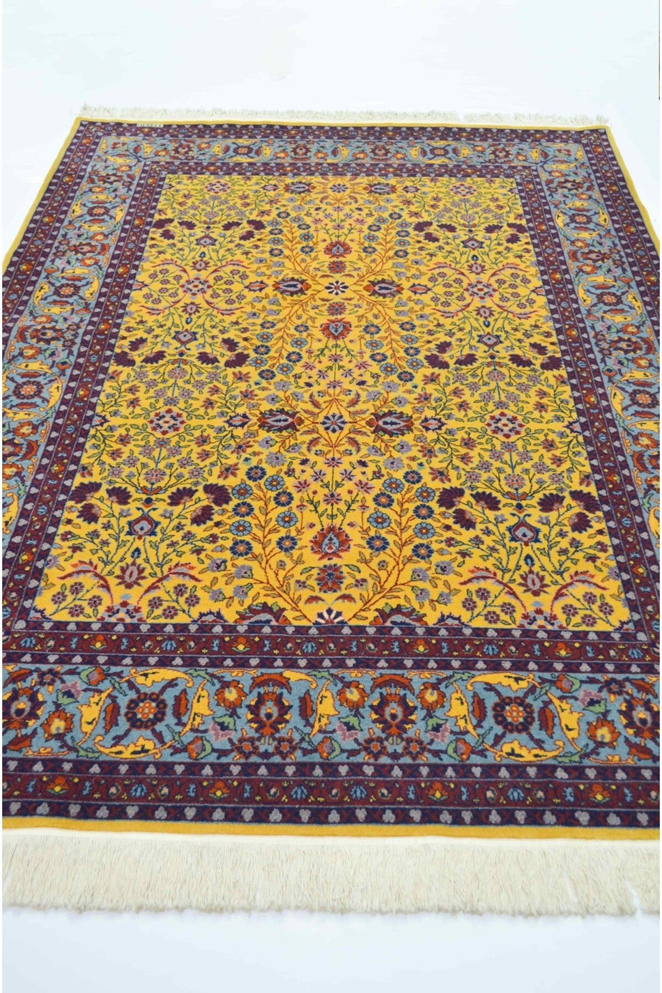 Handmade Seven Mountains Flower Patterned Yellow Traditional Handwoven Hereke Rug 151x202 cm (3.05 m²) - MALLTURK