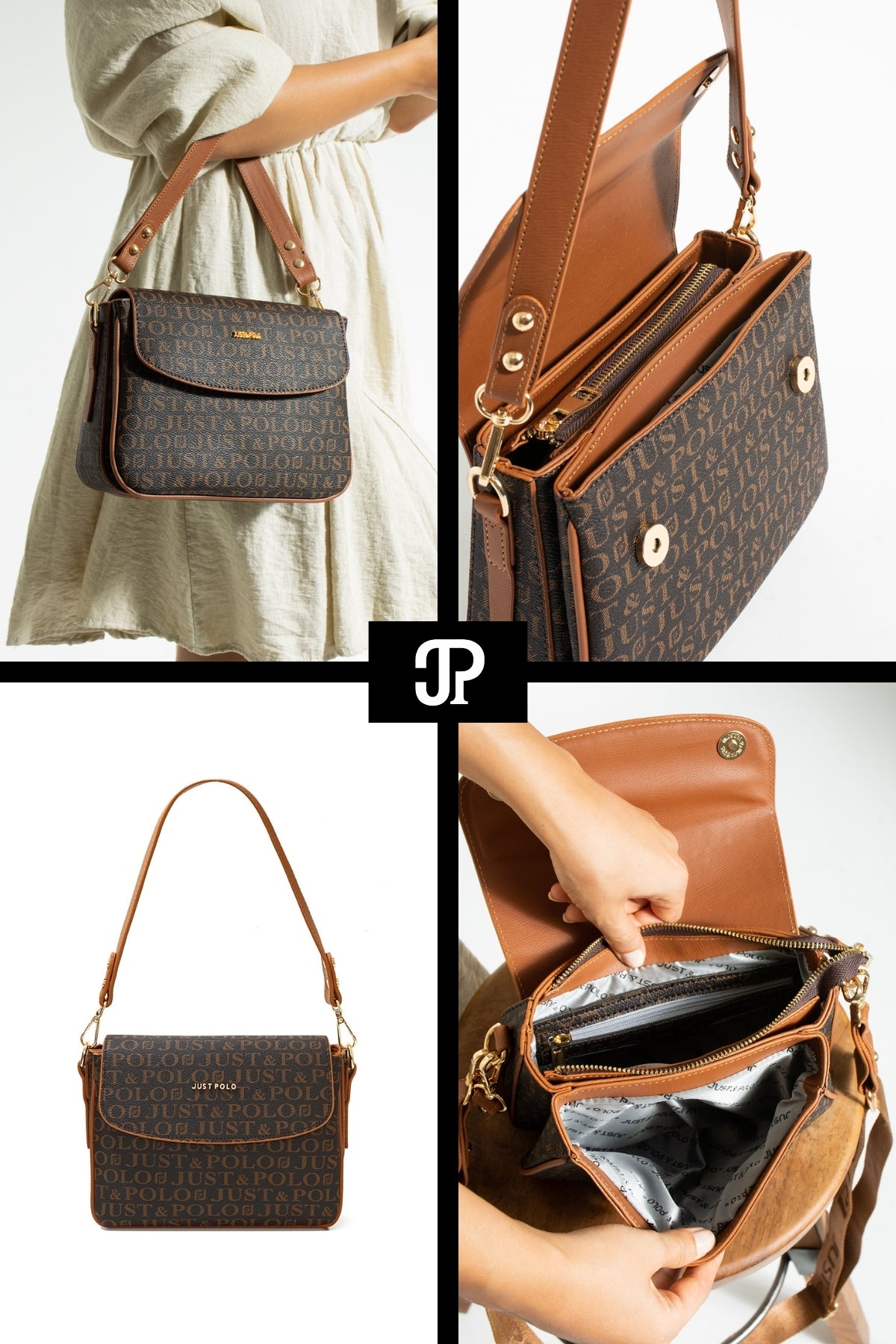 Just Polo Original Women's 4-Compartment Luxury Soft Leather Adjustable Crossbody Strap Stylish Trendy Shoulder Bag Brown - MALLTURK