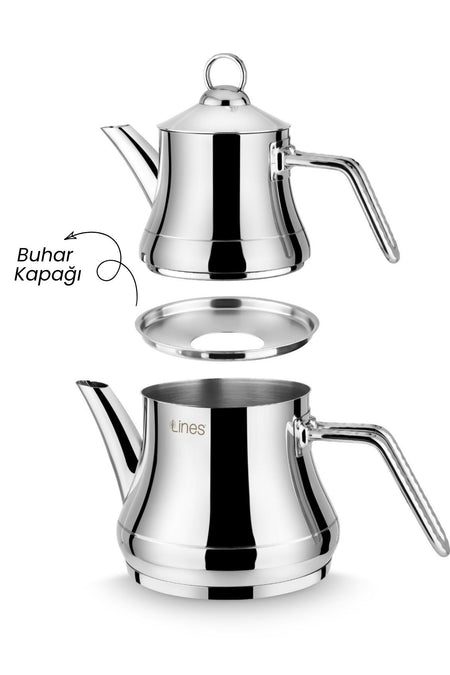 Lines Naz Stainless Steel Teapot with Built-in Strainer, Silver Metal Handle, Medium Size, Stylish Modern Design, Teapot 0.75 lt, Water Jug 1.75 lt - MALLTURK