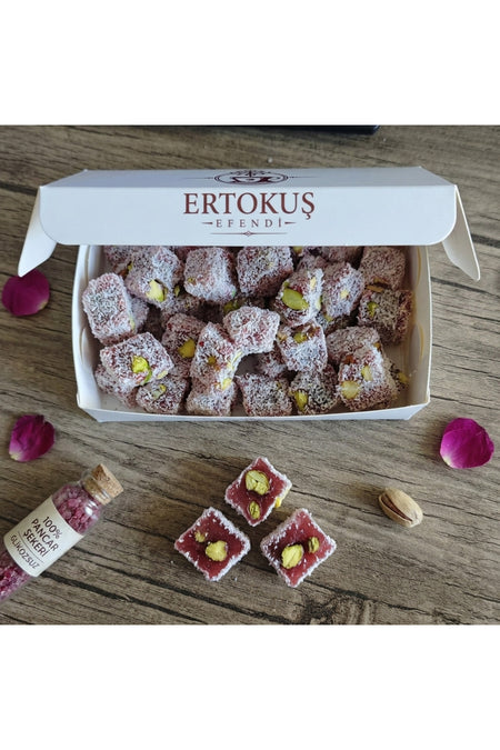 Ertokus Efendi isparta dogal Rose Flavored Extra Pistachio Turkish Delight 250 g Double Roasted 100 seker pancari - MALLTURK