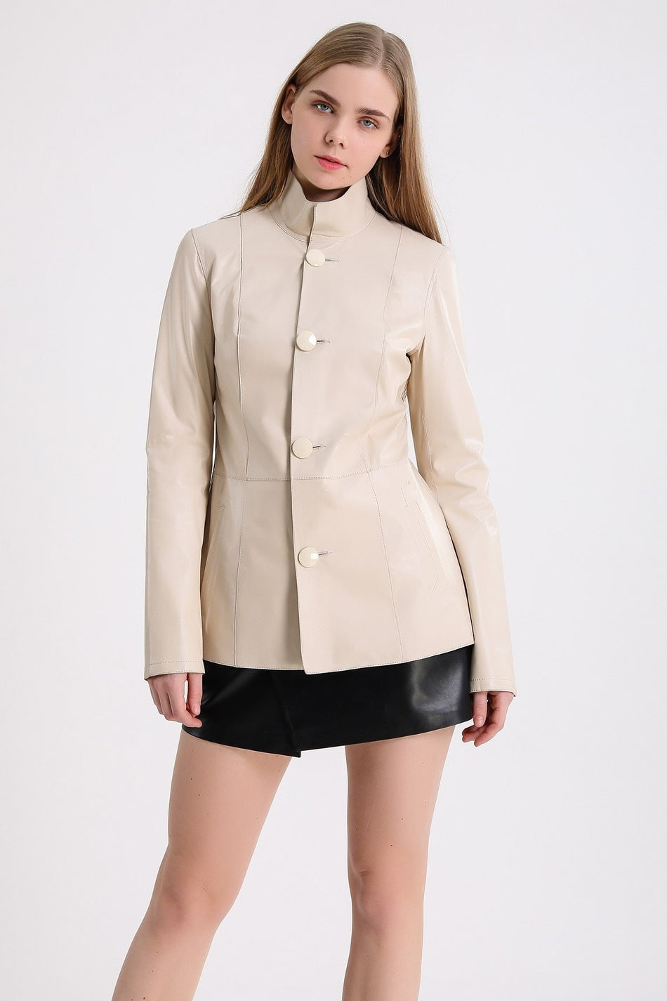 Leather Club Cream Buttoned Leather Coat