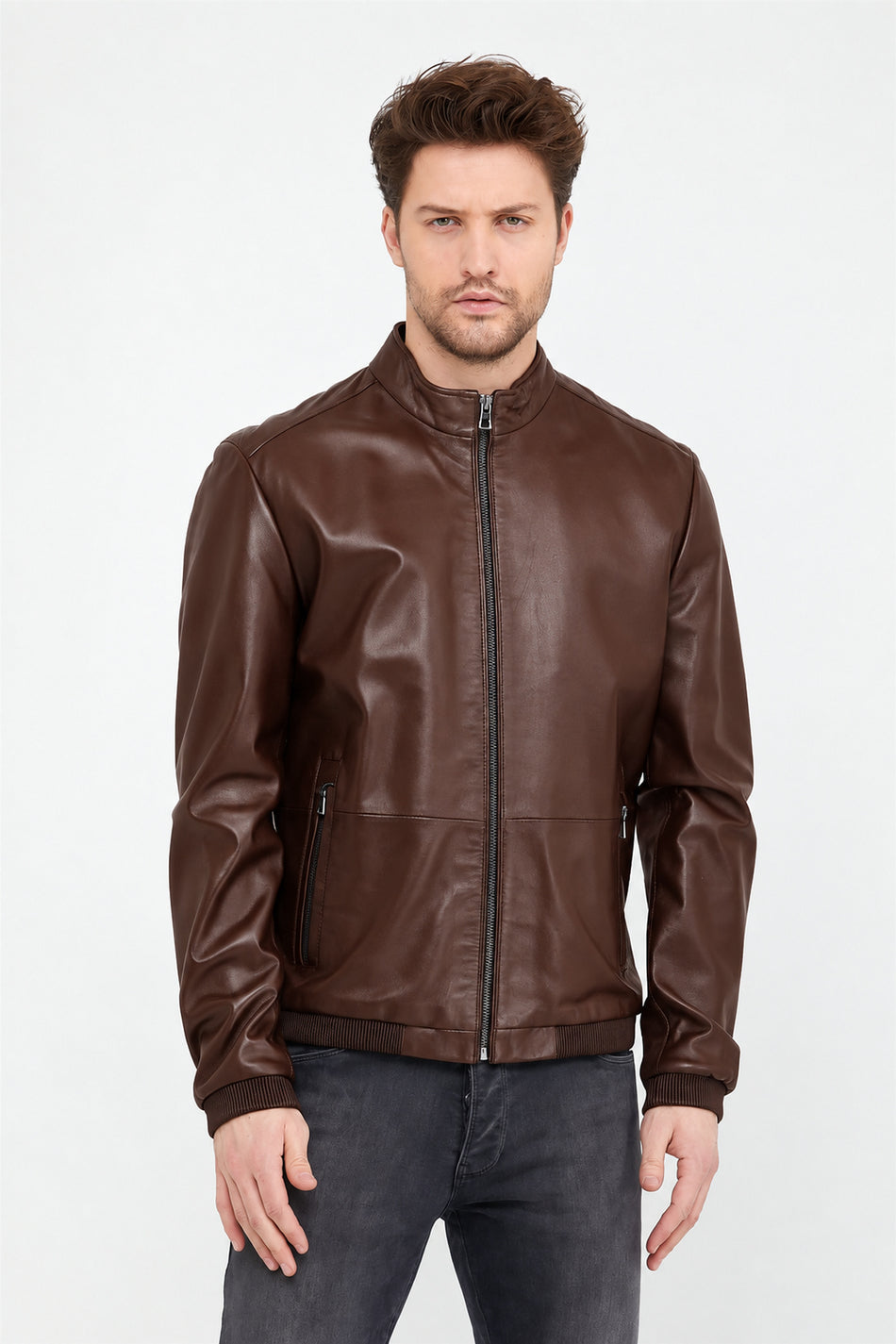 Casaco de cabedal vegetal cor de café Leather Club