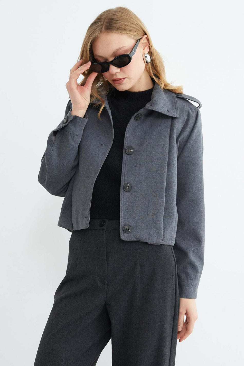 Buttoned Shirt Collar Pleated Trench Coat