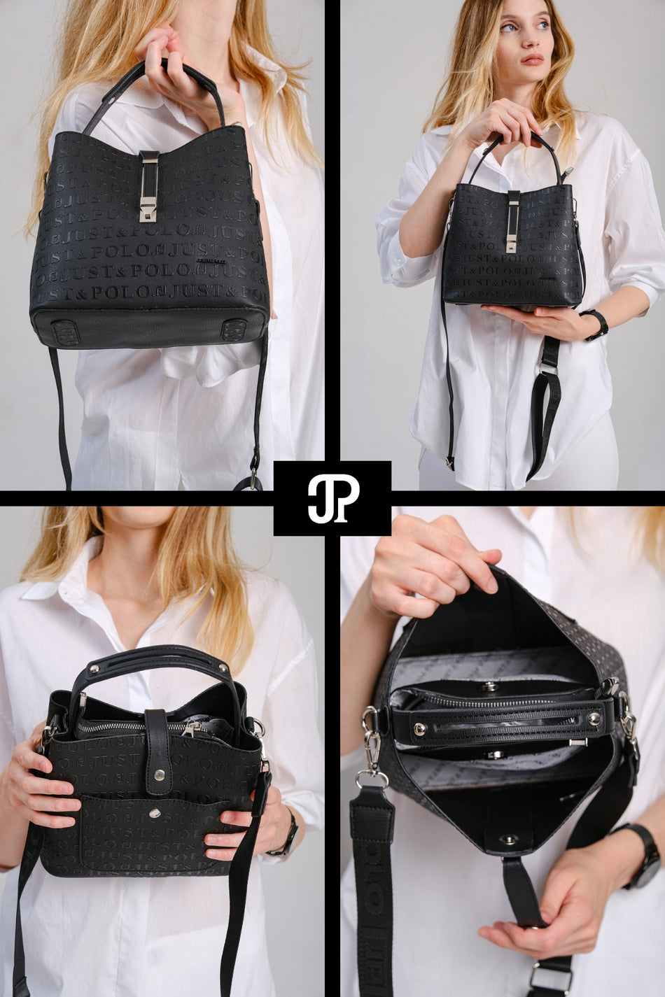 Just Polo Original Women's New Season 4-Compartment Luxury Soft Leather Crossbody Shoulder Bag with Lock Detail Black - MALLTURK