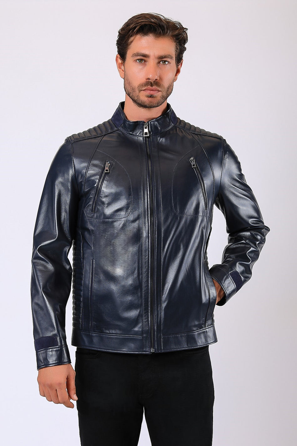 Veste en cuir véritable bleu marine Leather Club