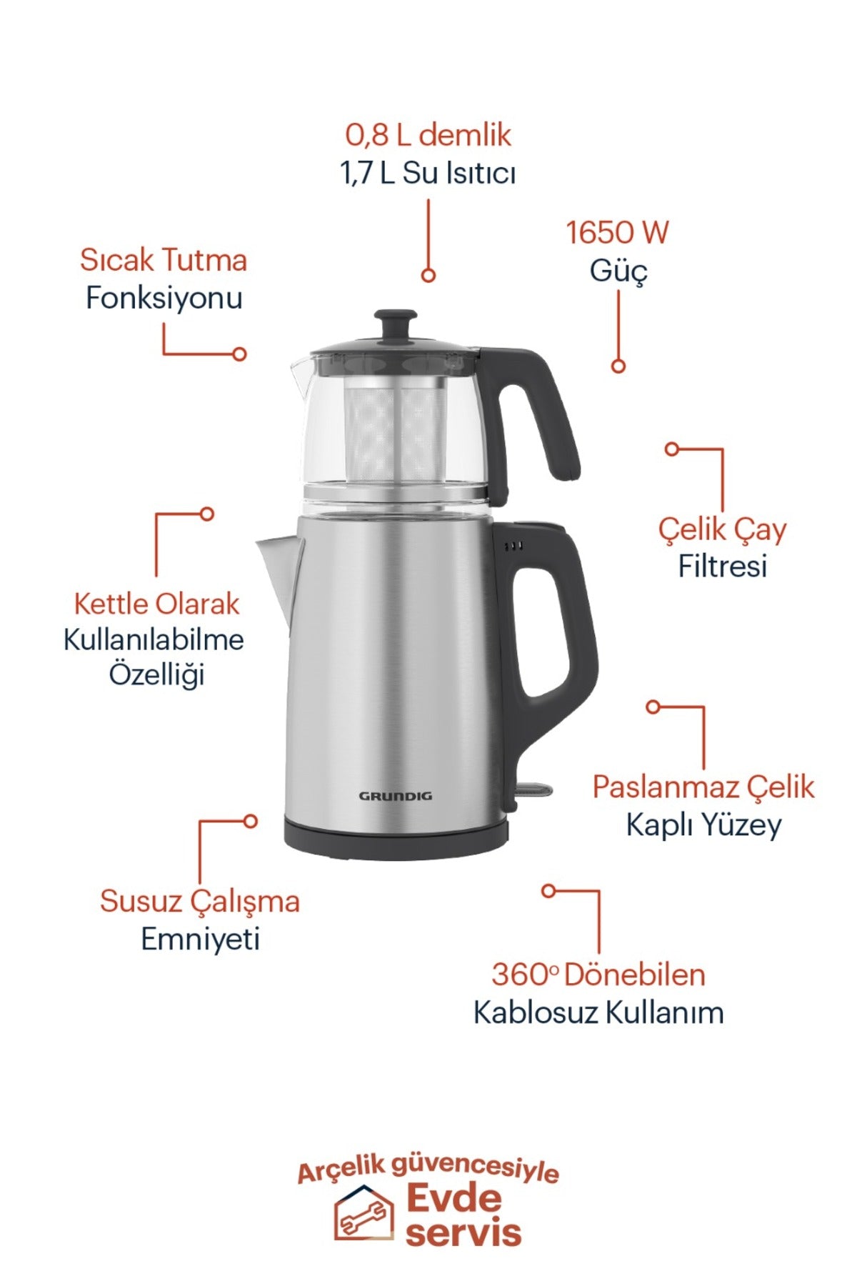 Grundig TM 2522 iC inox Tea Maker with Glass and Steel Strainer - MALLTURK