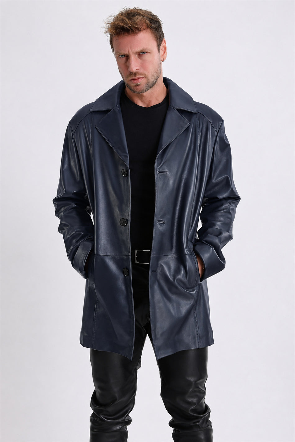 Cappotto in pelle conciata al vegetale blu navy Leather Club
