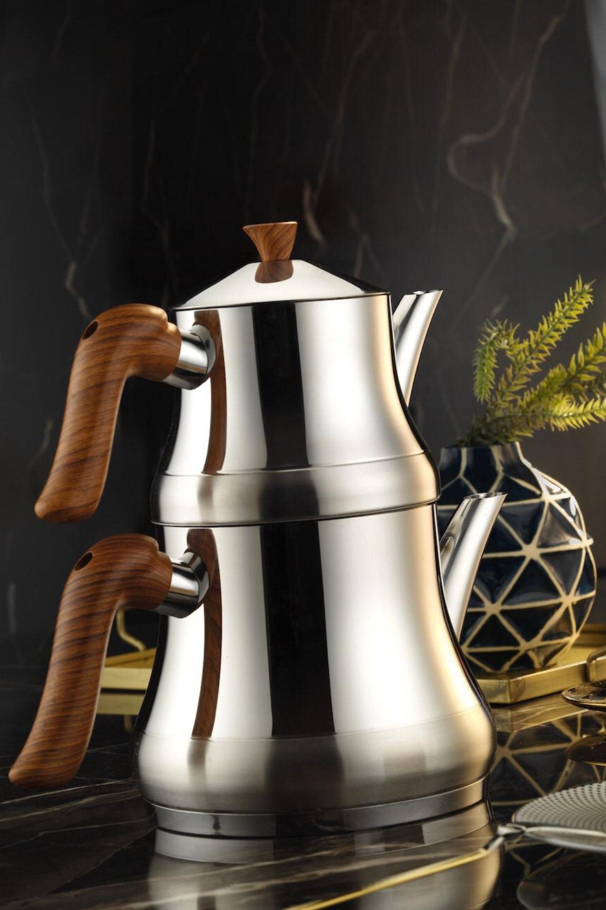 Lines Naz Stainless Steel Teapot with Wooden Handles, Mini size - MALLTURK