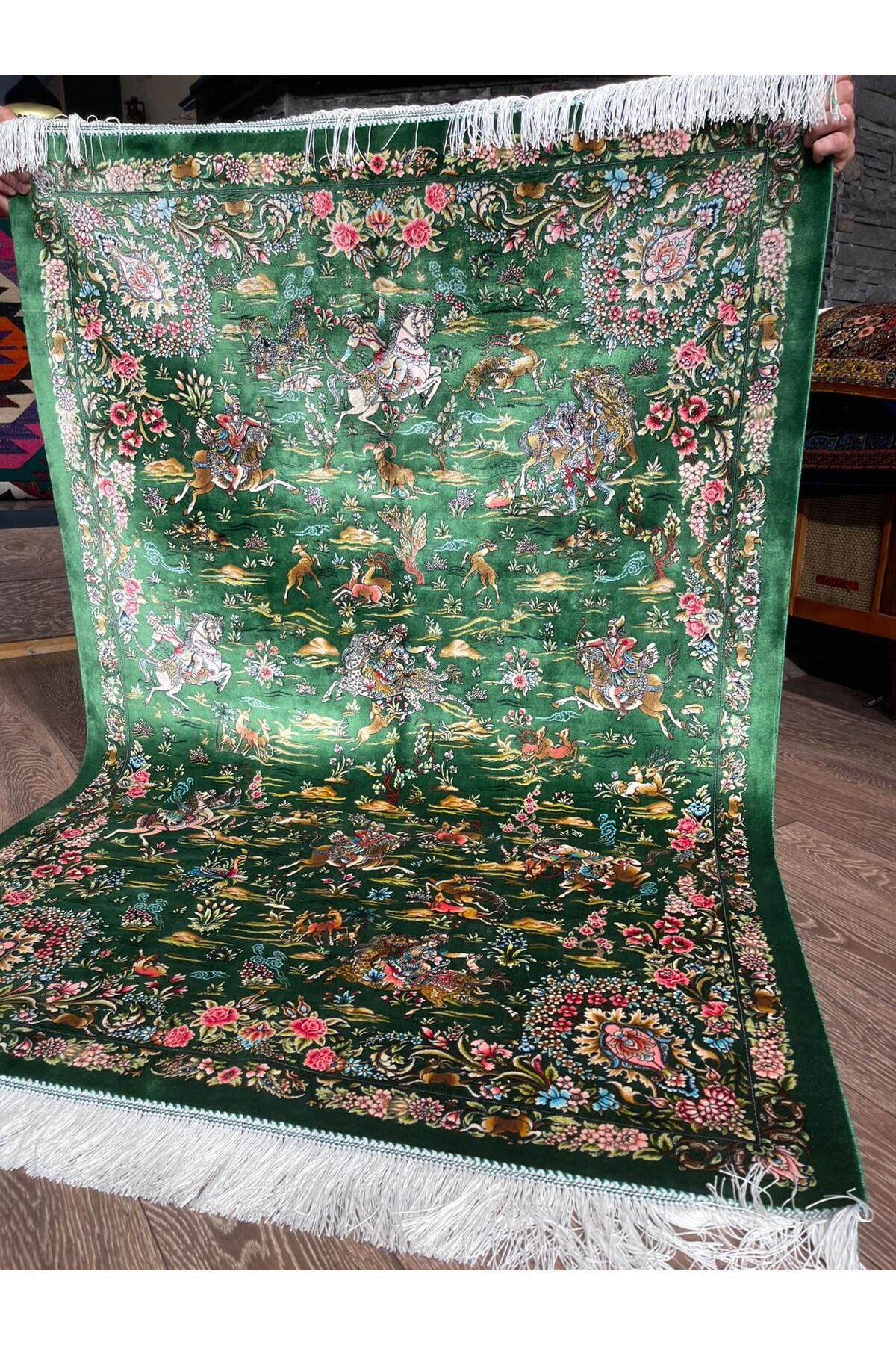 Rustikev Iranian Silk Hand-Woven Rug - Royal Hunting Scene Design - MALLTURK