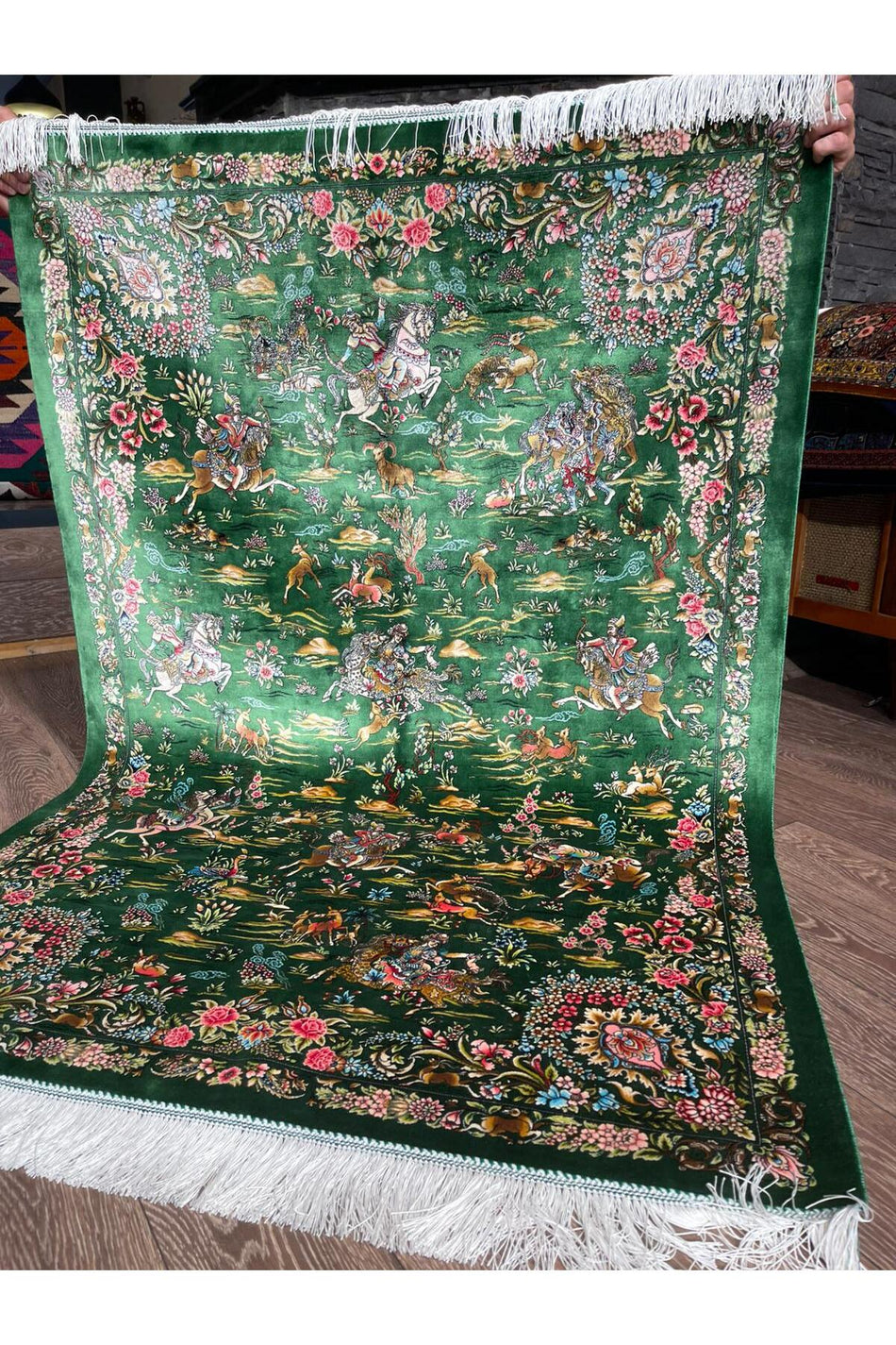 Rustikev Iranian Silk Hand-Woven Rug - Royal Hunting Scene Design
