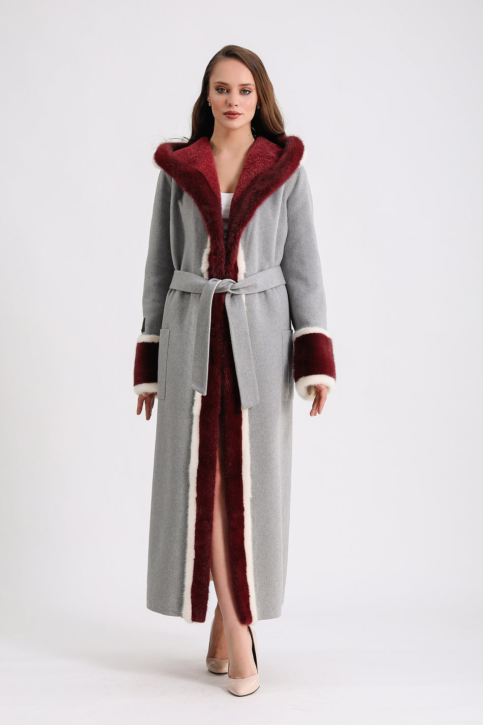 Leather Club Grey Mink Alpaca Coat with Astrakhan Hood and Accessories