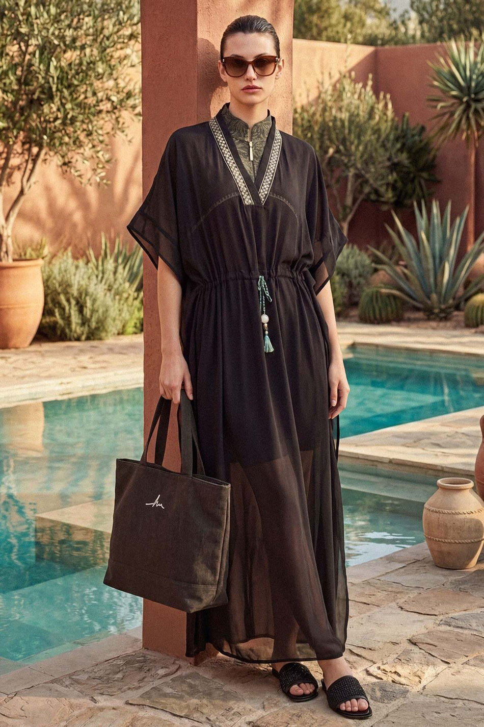 Khaki Long Pareo with Embroidered Collar 1008