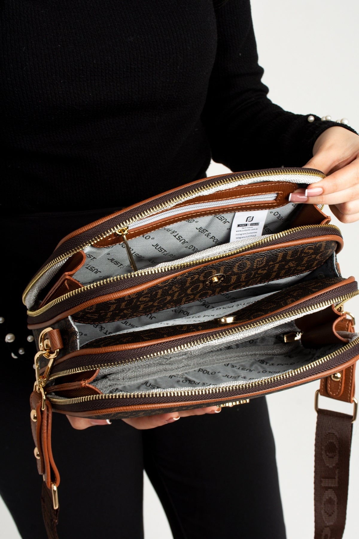 Just Polo Brown Original Women's New Season 5-Compartment Luxury Soft Leather Adjustable Crossbody Shoulder Bag - MALLTURK