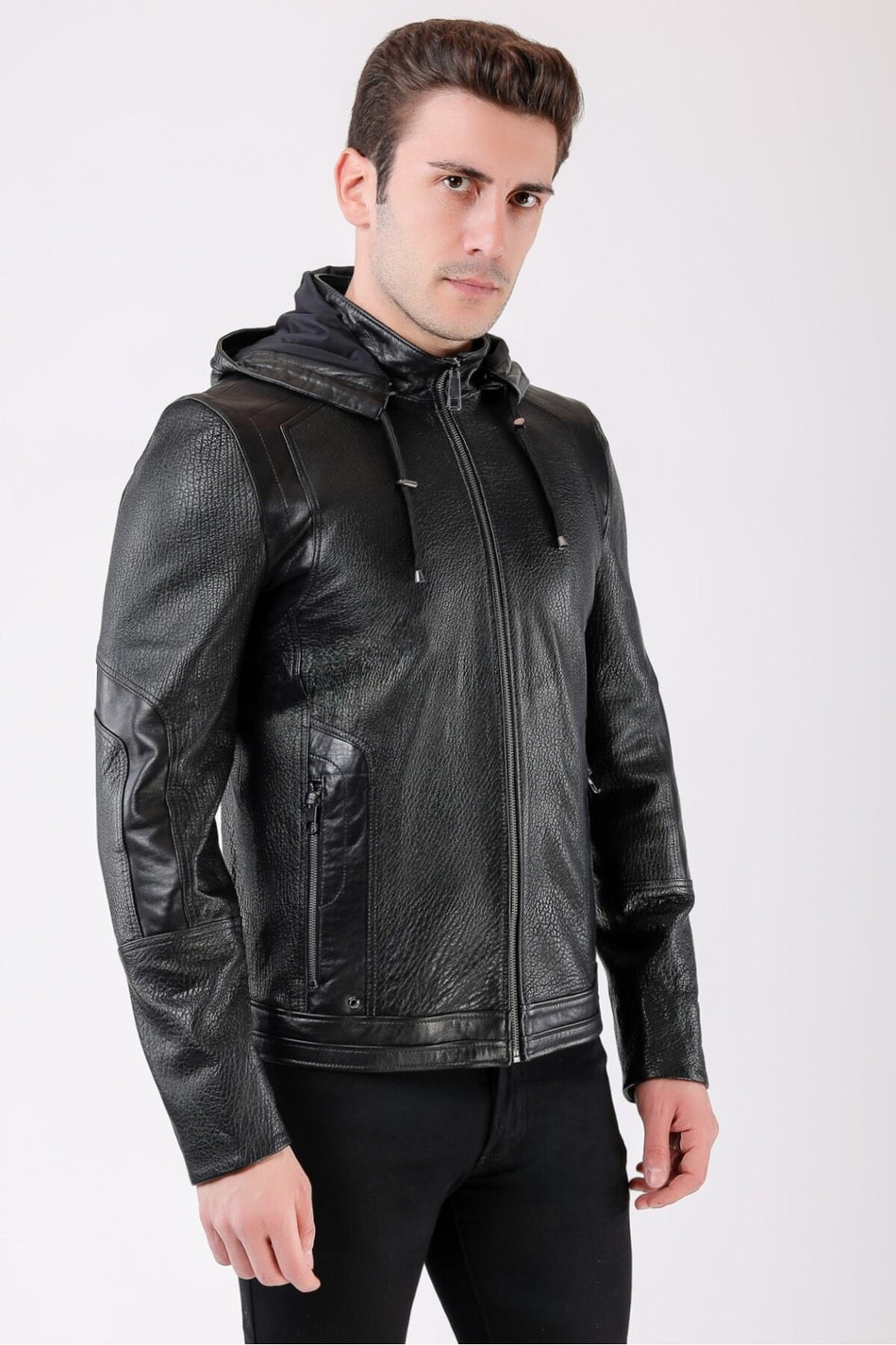 Giacca oversize nera con cappuccio in vera pelle Leather Club