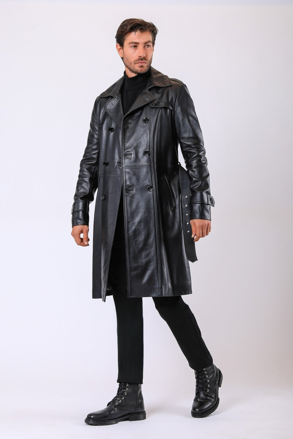 Zwarte trenchcoat van echt leer van Leather Club