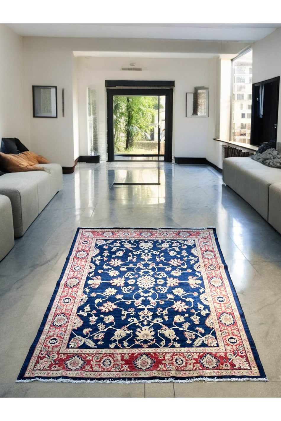 Sirvan Handwoven Afghan Usak Carpet - 238x195 Navy Blue - MALLTURK