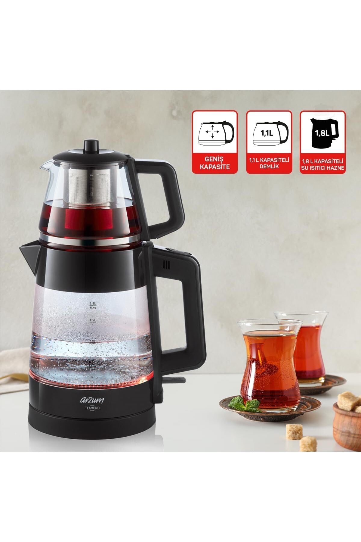 Arzum Teamond Glass Tea Maker - Black, 4-Year Warranty - MALLTURK