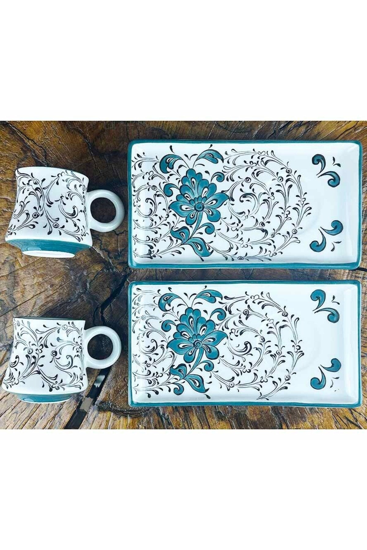Cini Evi Turquoise Lotus Motif Iznik Coffee Serving Set – Special Selection - MALLTURK